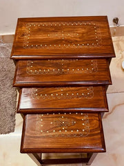 Handcrafted Sheesham Wood Nesting Tables Set – Traditional Inlay Design | Indian Handmade Wooden Side Tables for Living Room & Home Decor