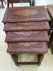 Premium Wooden Nesting Table Set – Space Saving Design | Handcrafted Inlay Top | Set of 4