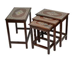 Premium Wooden Nesting Table Set – Elegant Inlay Pattern | Space Saving Design | Set of 4